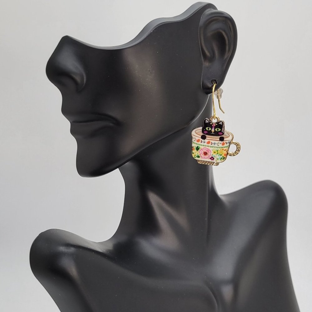 Kitty in Floral Teacups Earrings Dangle Hook Hypoallergic Gold Plated Black - Picture 10 of 11